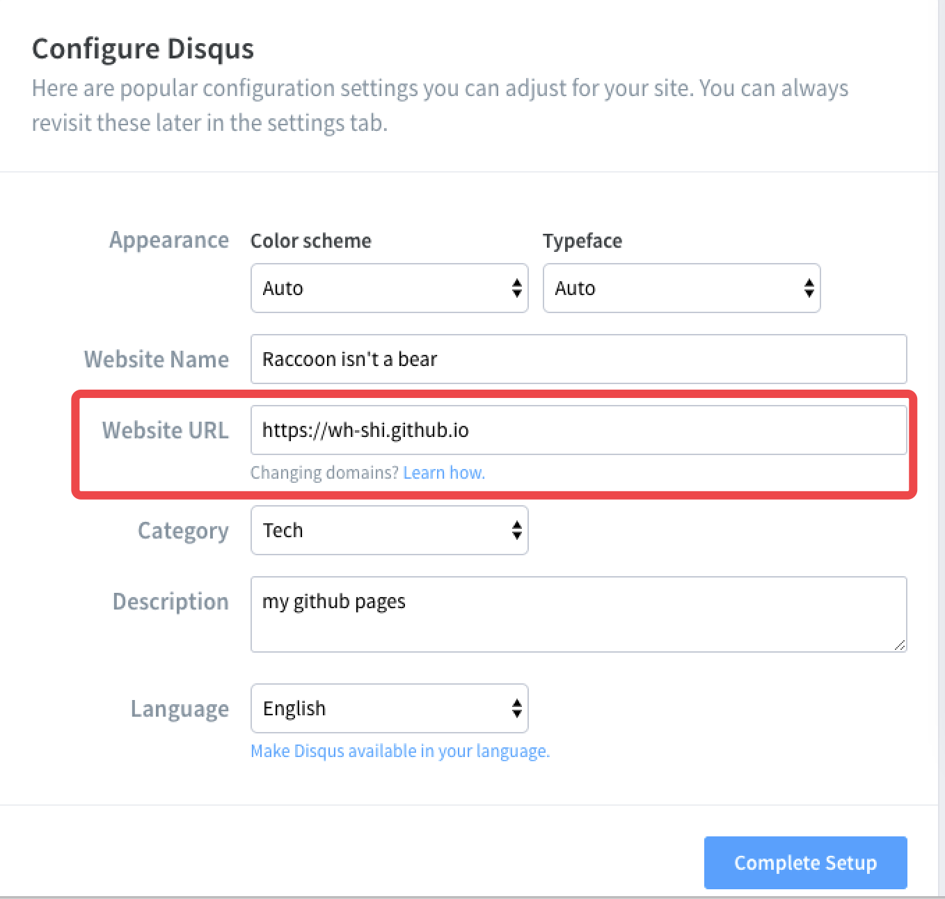 example disqus configuration page