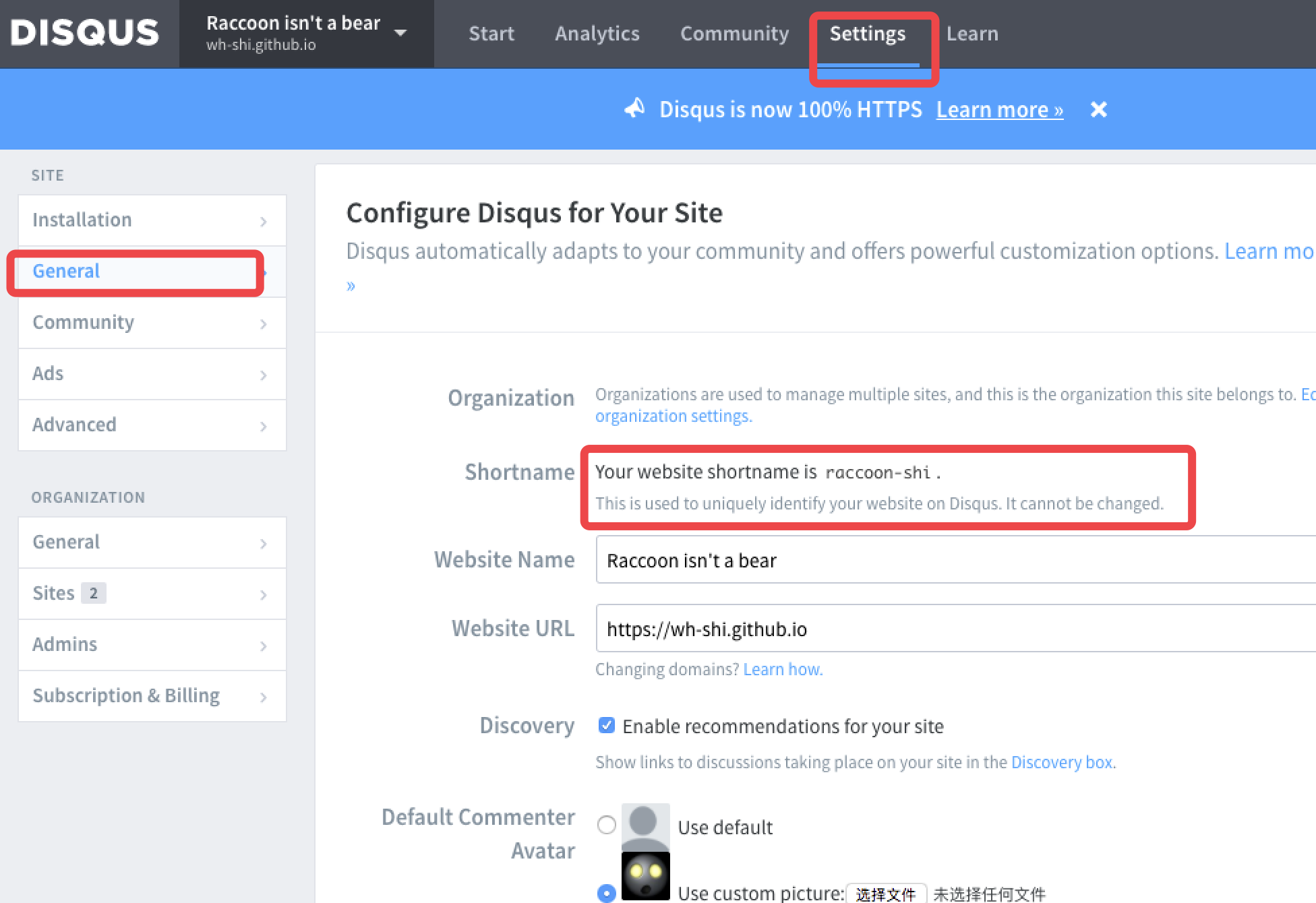 example disqus configuration page
